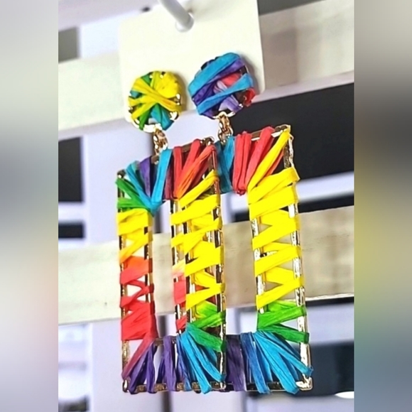 Multi-Color Fabric Wrapped Hoop Dangle Earrings - Picture 3 of 4